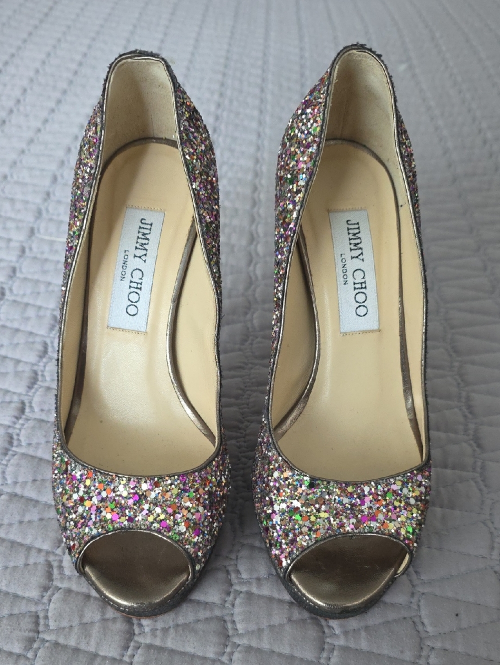 Jimmy Choo Multicolor Glitter Peep-Toe Pumps